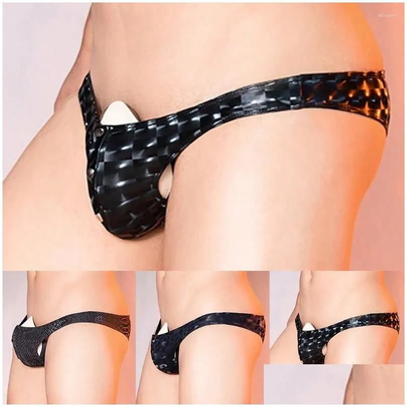 Underpants Sexy Men Low Rise Temptation Faux Leather Adjustable Briefs Panties Thongs Buttons Underwear Stretch Lingerie SM Male