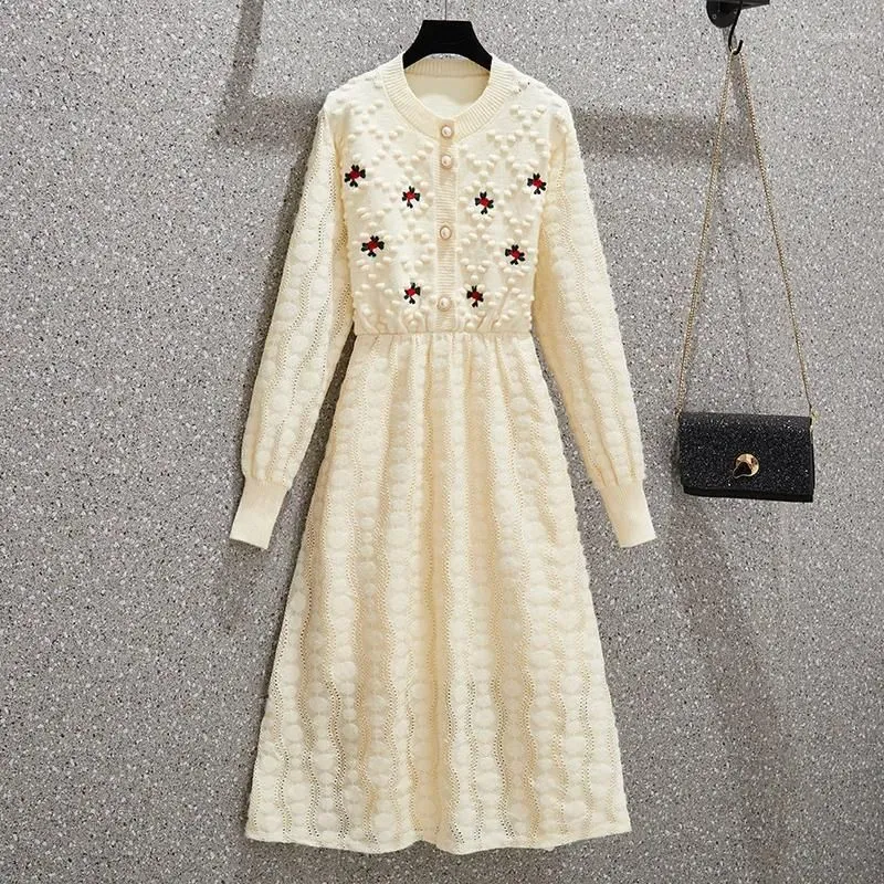 Casual Dresses Knitted Embroidered Long-sleeved Sweater Dress Women`s Autumn And Winter Korean Style Loose Large Size Lace-up