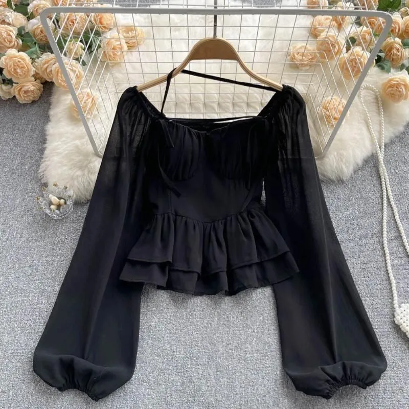 Women`s Blouses Women Chic Lace Up Print Tank Top Slim Basic Sexy Fashion Slash Neck Lantern Long Sleeve Crop Autumn Blouse