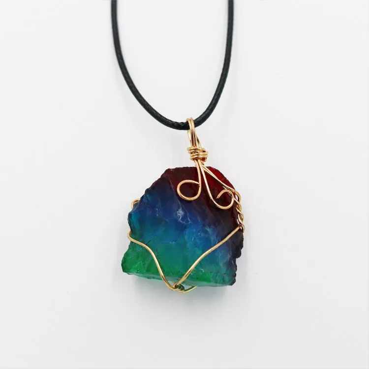 Wire Wrap Rainbow Irregular Raw Ore Fluorite Crystal Pendant Energy Stone Healing Amethyst Gift Necklace Wholesale