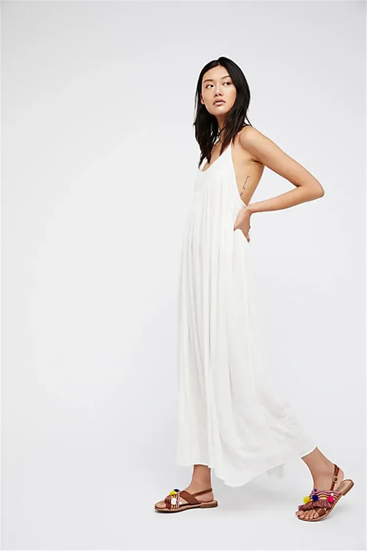 Casual Dresses Embroidery Strap Maxi Dress Women Vintage Chic V-neck Sleeveless White Rayon Floral Summer Loose Beach Sexy