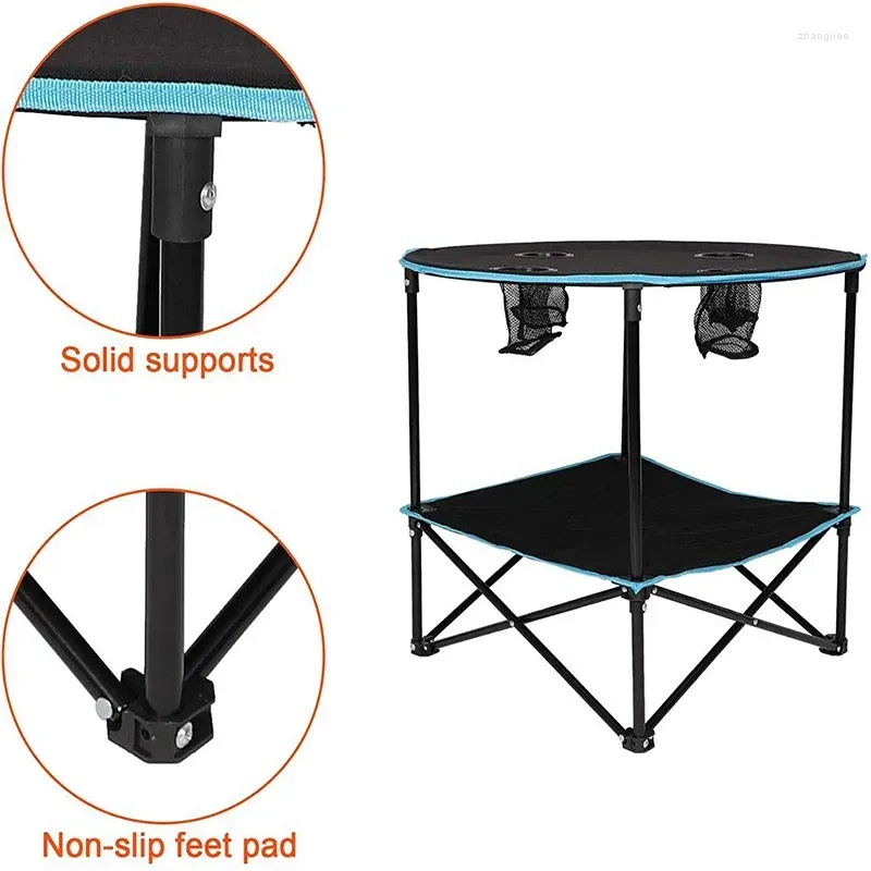 Camp Furniture Outdoor Folding Table Travel Camping Picnic Collapsible Round With 4 Cup Holders And Carry Bag