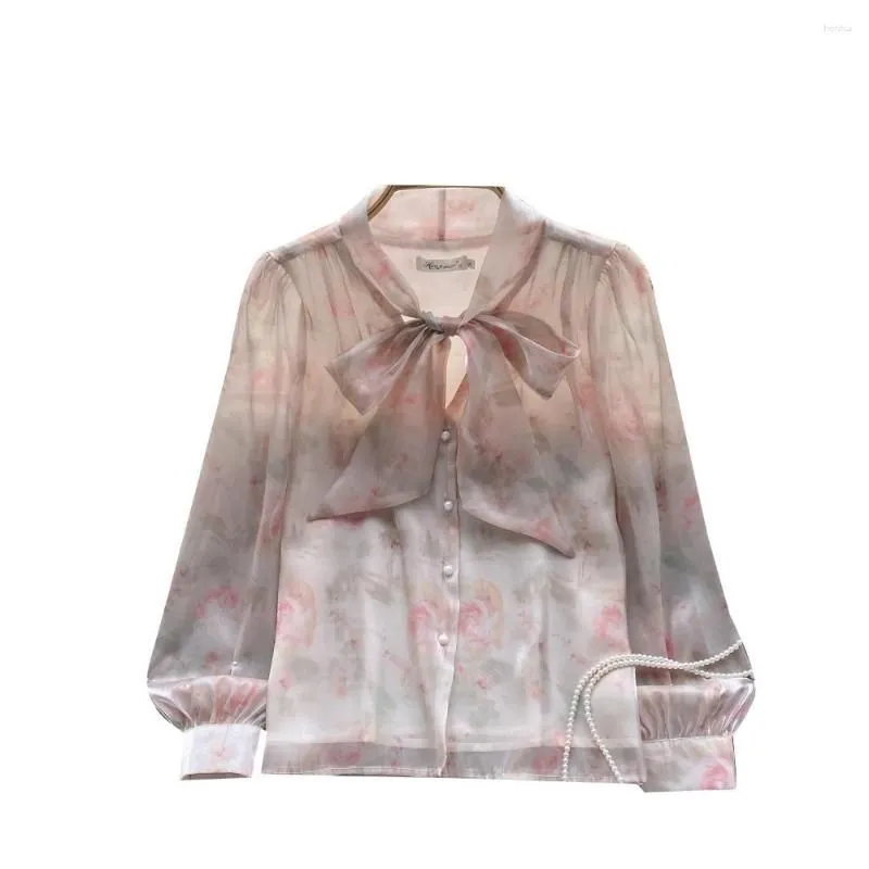 Women`s Blouses French Chic Shirts For Women V-neck Long Puff Sleeve Lapel Single Bow Floral Print Blouse Autumn Versatile Female Tops