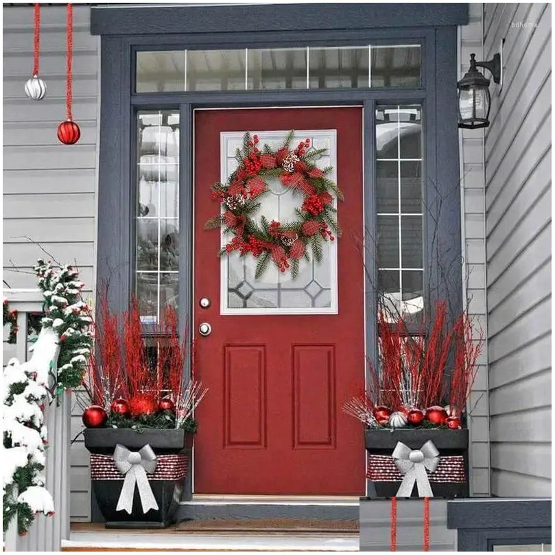 Decorative Flowers Christmas Garlands Pine Cone Rattan Wreath With Red Berry Poinsettia Vine For Home Year Garland Decoration