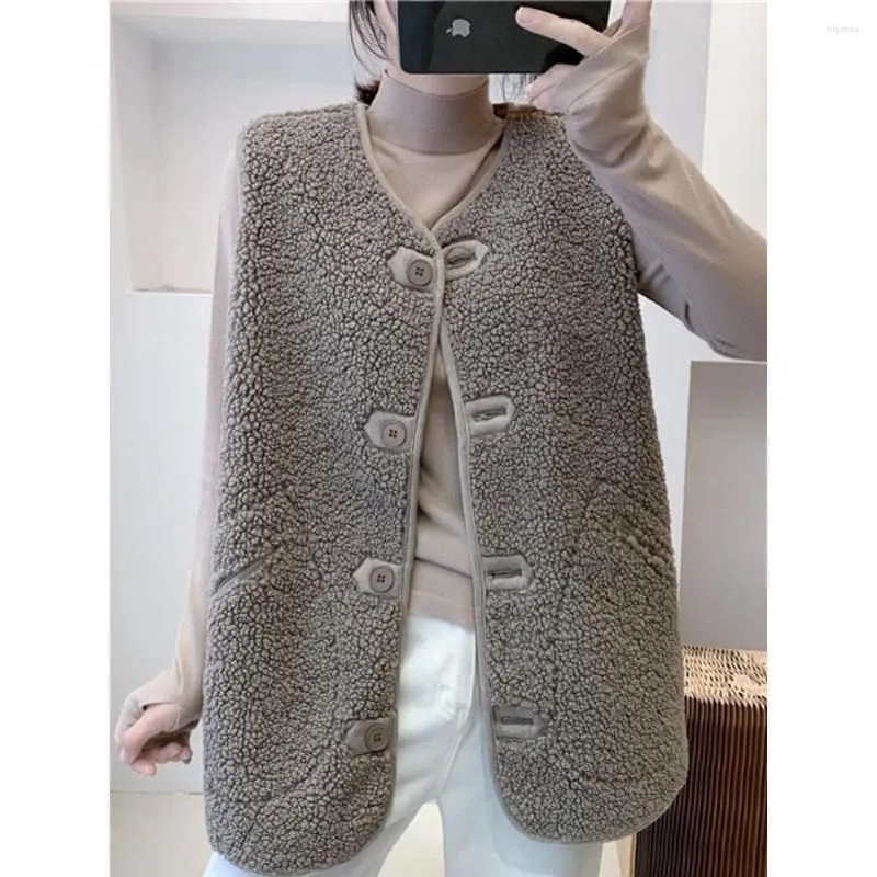 Women`s Vests 2023 Fall Winter Vest Jacket Faux Lambwools Thicken Waistcoat Casual Women Button Up Single Breasted Pocket Sleeveless