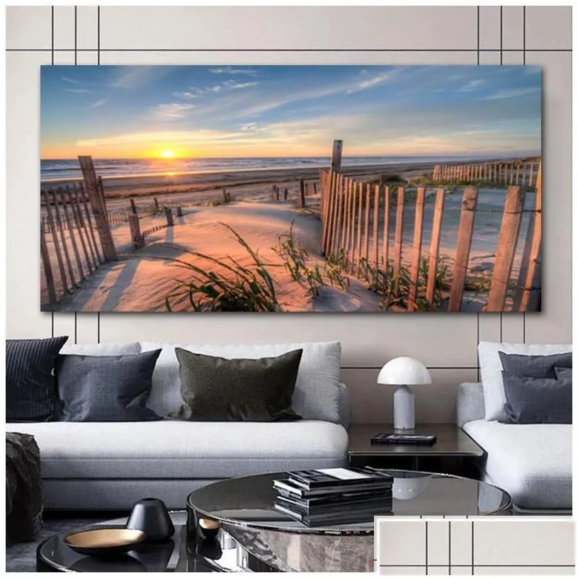 Paintings Beach Landscape Canvas Painting Indoor Decorations Wood Bridge Wall Art Pictures For Living Room Home Decor Sea Sunset Pri Dhtvm