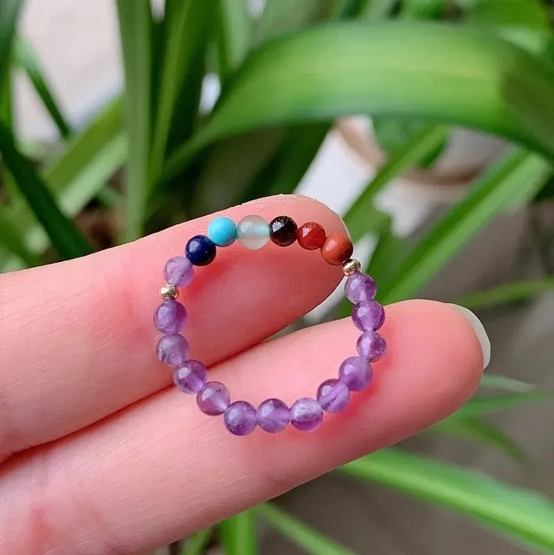 Small Bead Rings Elastic Adjustable 7 Chakra Amethysts Pink Quartz Natural Stone Crystal Rings for Women Healing Jewelry Wedding