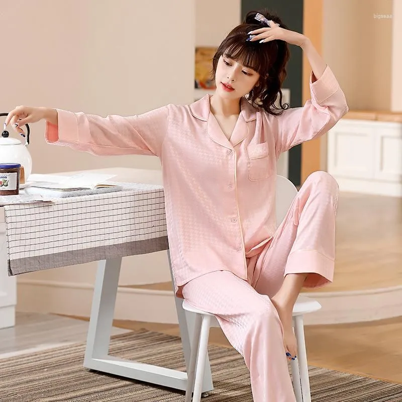 Women`s Sleepwear Spring Summer Pajamas Set Women Home Clothing Satin Lapel Shirt&Pants Sexy Full Sleeve Pijamas Suit Casual Homewear