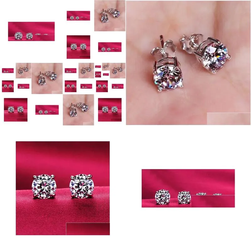 Women men unisex classic CZ diamond stud earrings 18k white gold silver wedding post earrings CZ size 3mm 4mm 5mm 6mm 8mm 10mm