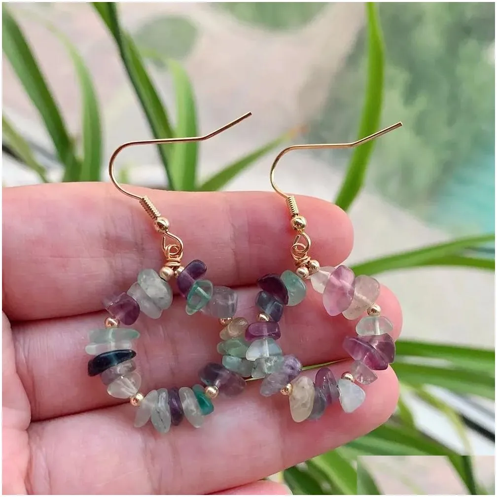 Natural Stone Earrings for Women Ore Chip Gravel Quartz Flower Tassel Statement Fluorite Opal Crystal Drop Earrings Healing