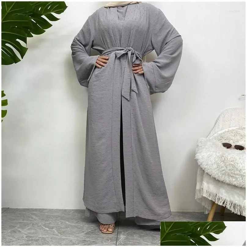 Ethnic Clothing 3 Piece Sets For Muslim Women Long Cardigan Top And Pants With Pockets Islamic Robe Modest Eid Ramadan Abaya Suits