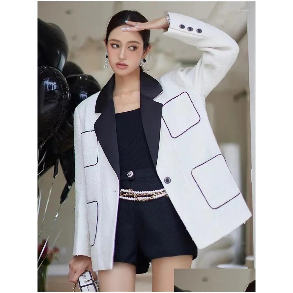 Women`s Hoodies White High-end Suit Collar Small Fragrant Casual Coat Feminine Tweed Wool Top Autumn 2024