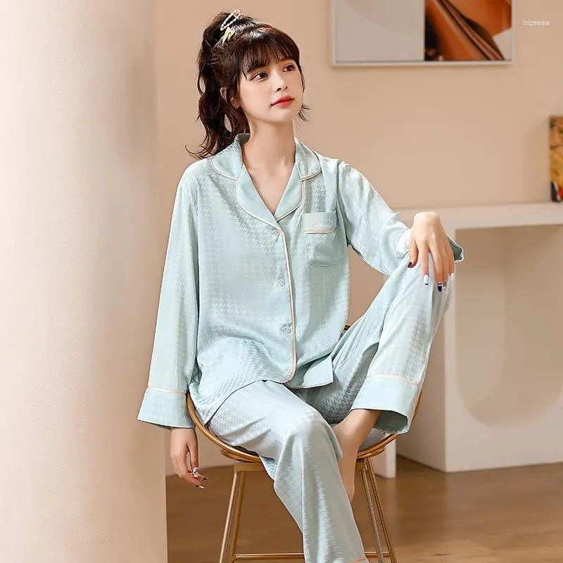 Women`s Sleepwear Spring Summer Pajamas Set Women Home Clothing Satin Lapel Shirt&Pants Sexy Full Sleeve Pijamas Suit Casual Homewear