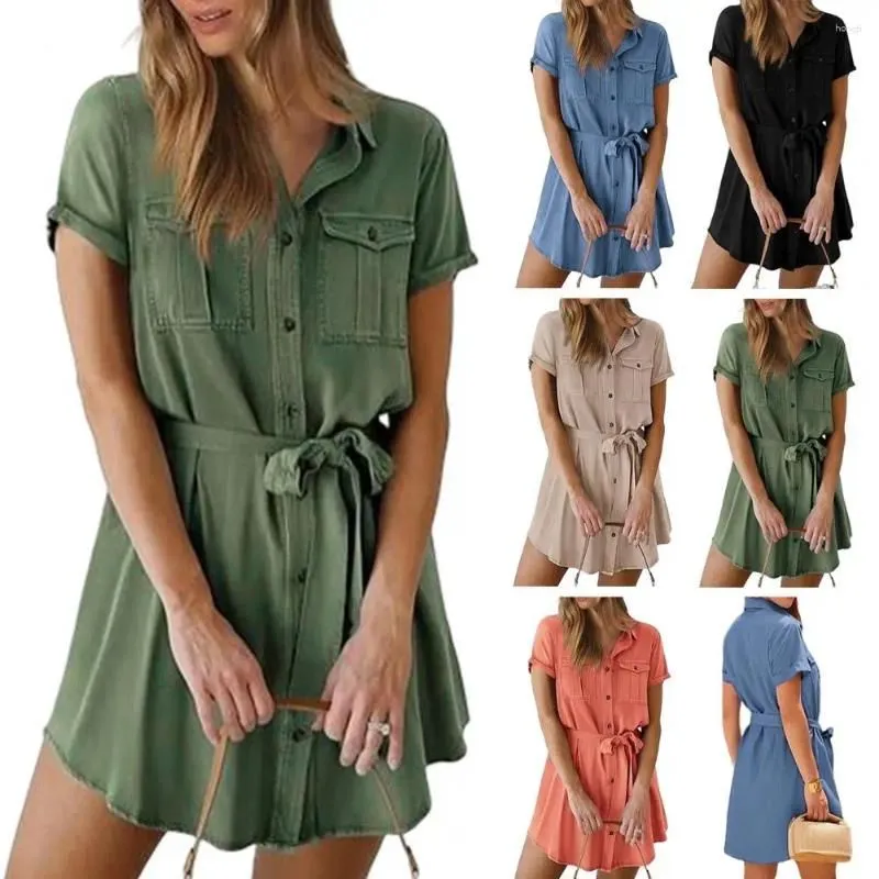 Casual Dresses Women Shirt Dress Mini V Neck Button Down With Belted Pocket Women`s Summer Short Sleeve For Streetwear