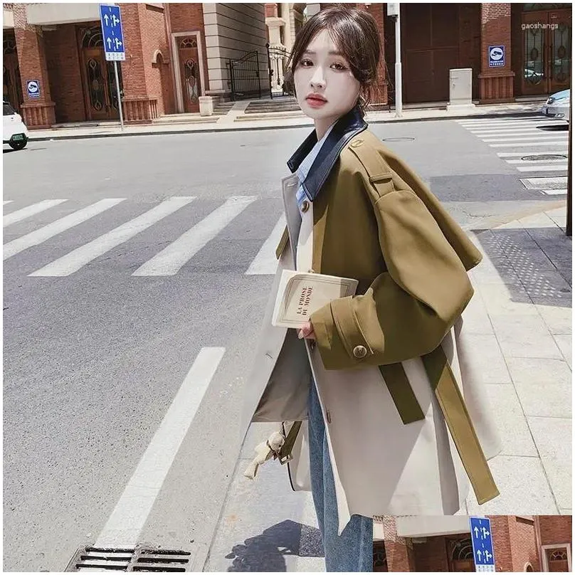 Women`s Trench Coats SuperAen Korean Design Patchwork Windbreaker Jacket Loose Spring And Autumn Contrasting Color Coat