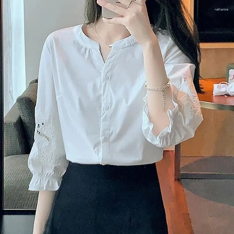 Women`s Blouses Clothing Embroidery Hollow Simple Cotton Button Up Shirt Summer Trendy 3/4 Sleeve Solid Loose Casual Chic LJ559