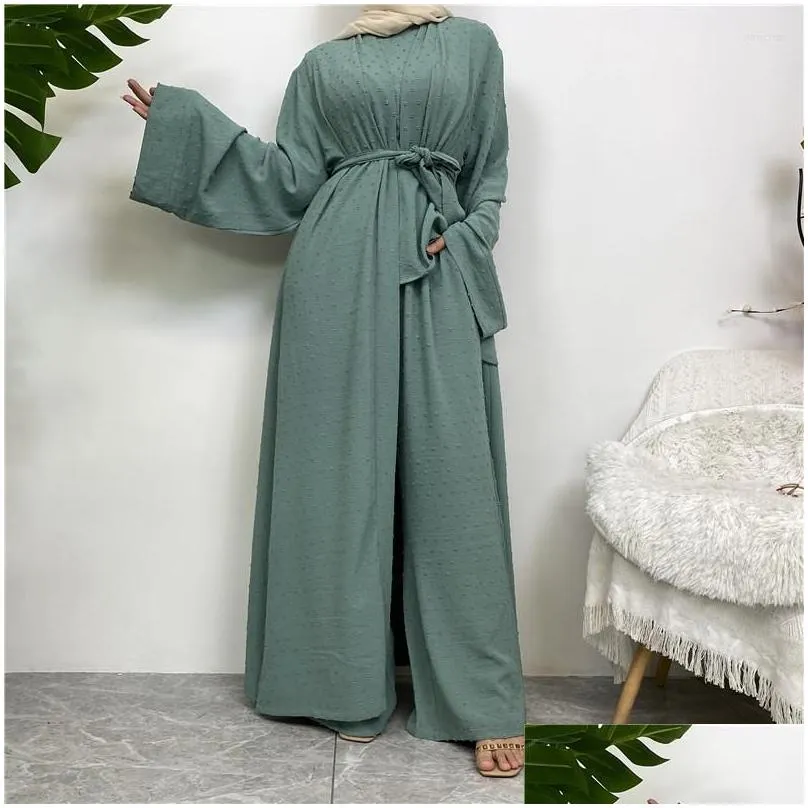 Ethnic Clothing 3 Piece Sets For Muslim Women Long Cardigan Top And Pants With Pockets Islamic Robe Modest Eid Ramadan Abaya Suits