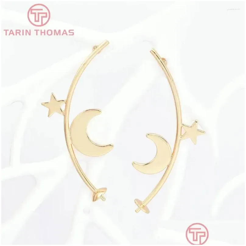 Stud Earrings (4512) 4PCS 22x51MM 24K Gold Color Brass Star Moon Shape Symmetric High Quality Diy Jewelry Findings Accessories