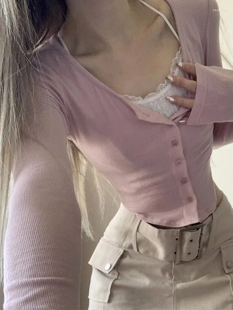 Women`s T Shirts Y2k Lace Patchwork Pink Crop Top Button Full Sleeve Grunge Fariycore Cute Tee Women Harajuku Korean Vintage Chic