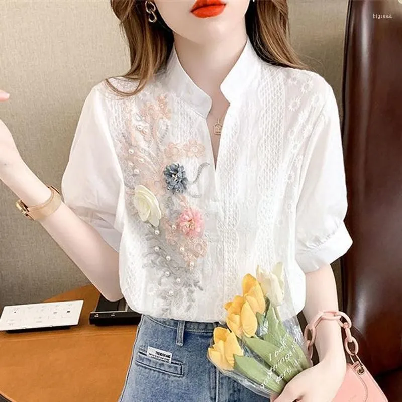 Women`s Blouses Women 3D Flower Embroidered Vintage Elegant White Summer Trendy Beaded Chic Casual Shirts V Neck Short Sleeve Top