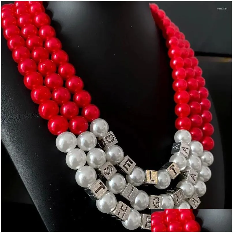 Choker Fashion DELTA Letter Sorority Society Logo Red White Imitation Pearl Multilayer Bead Necklace