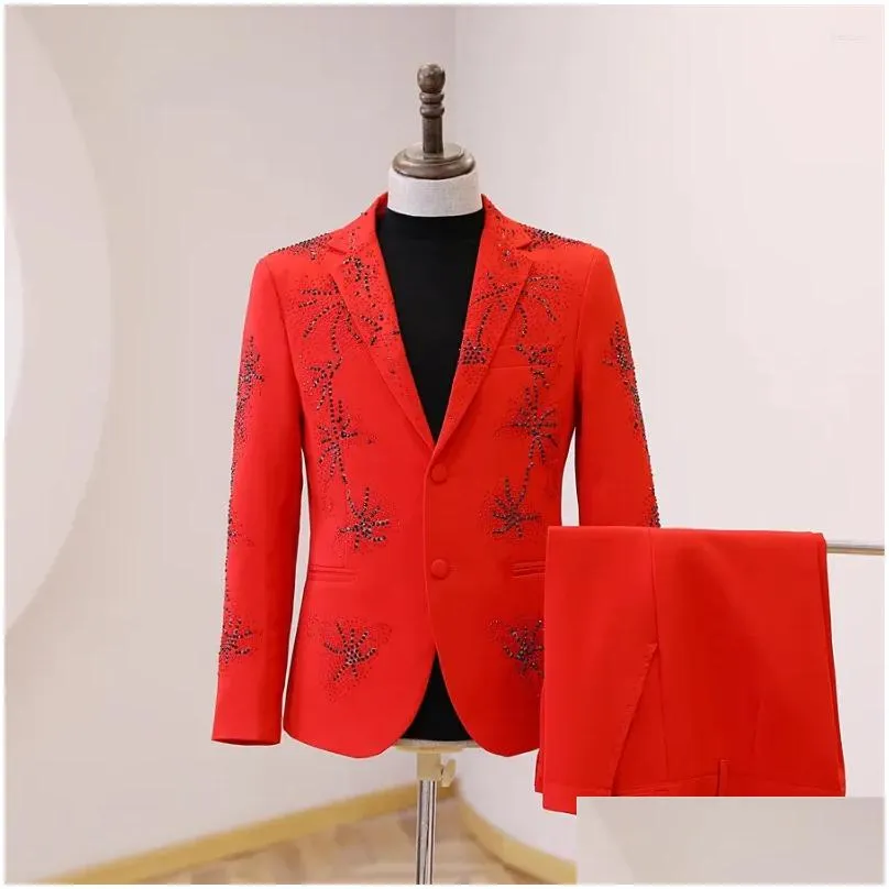 Men`s Suits Red Shining Rhinestones Suit Bar Concert Performance Shiny Blazer Pants Set Male Banquet Guest Host Stage Crystals