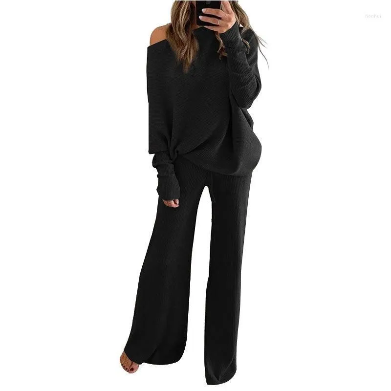 Women`s Two Piece Pants Knitted Suit Women`s Casual Skew Collar Knit Pullover Elastic Waist Wide Leg 2 Sets Womens Outfits Leisure