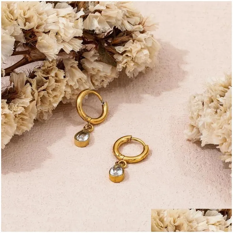 Hoop Earrings Joolim Jewelry Wholesale Non Tarnish & Waterproof Fashion Drop Eye Zircon Huggie Stainless Steel Earring Trend 2024 For