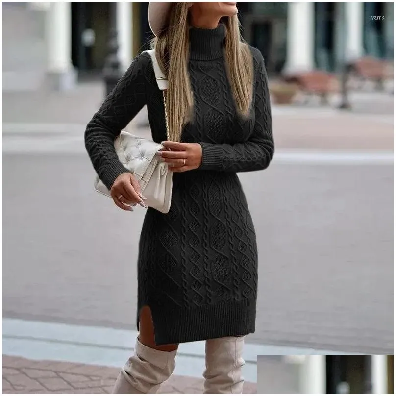 Basic Casual Dresses Casual Dresses Ladies Autumn Winter Knitted Sweater Dress Women Solid Color Long Sleeve Turtleneck Thicken Split Elegant