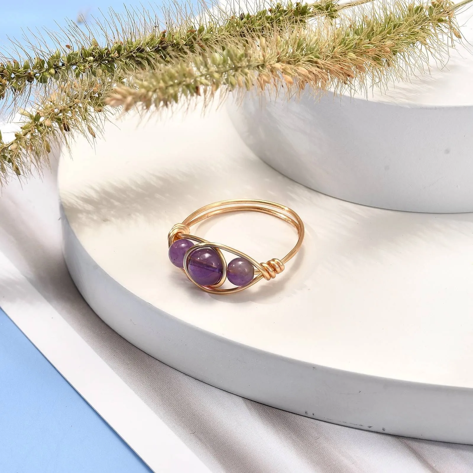 Natural Stone Cluster Beaded Rings For Women Men Amethyst 18K Gold Handmade Wedding Party Finger Ring