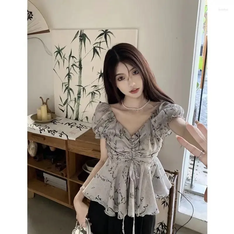 Women`s Blouses V Neck Puff Sleeve Shirts Bandage Summer Folds Slim Waist Tops Women Vintage Print Chinese Style Chemise Femme Y2k