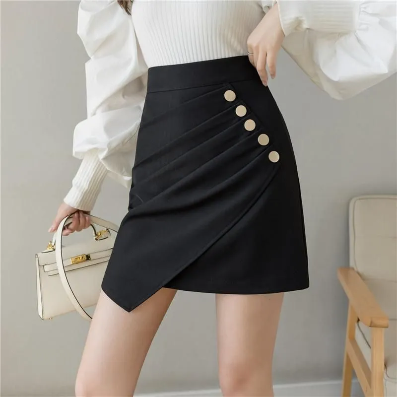 Skirts Asymmetric Button-wrap Skirt Design Pleated Irregular A-line Anti-light One-step