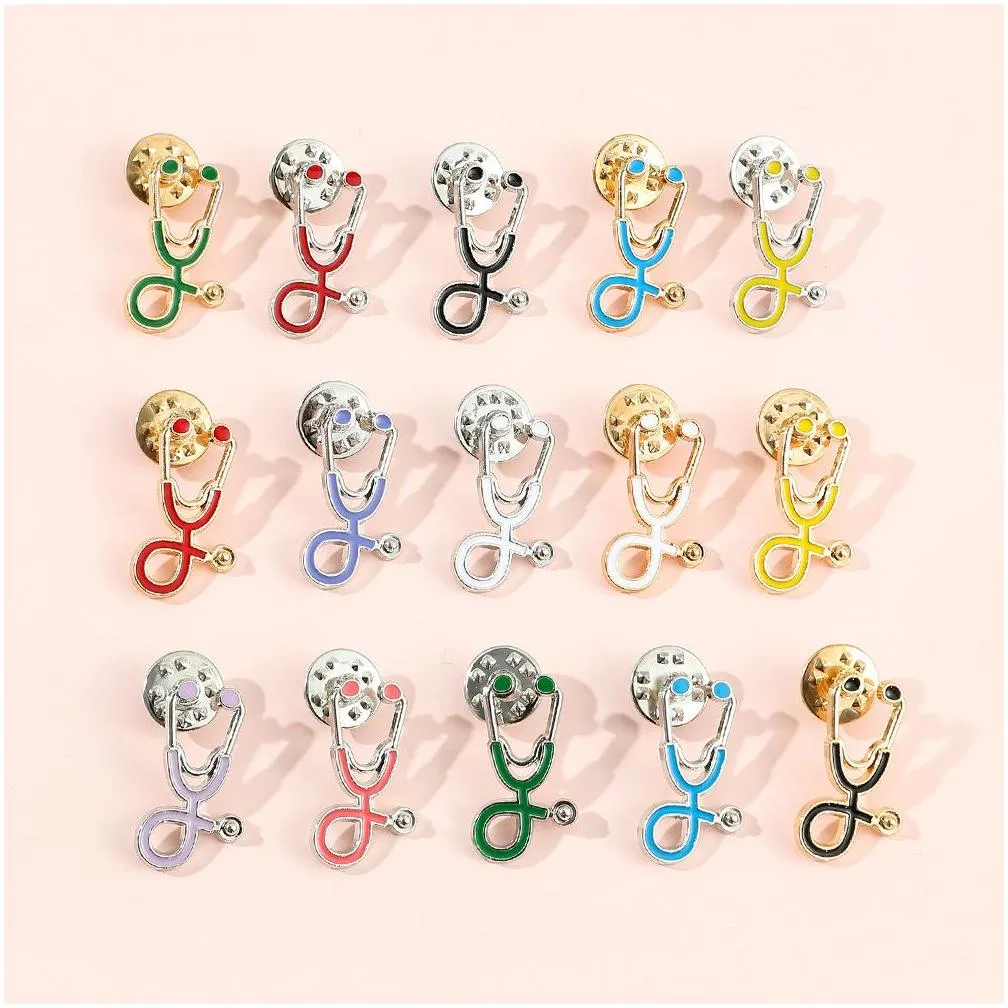 15 Colors Medical Care Stethoscope Brooches Alloy Dripping Oil Clothing Bags Pins Jewelry Accessories In Bulk