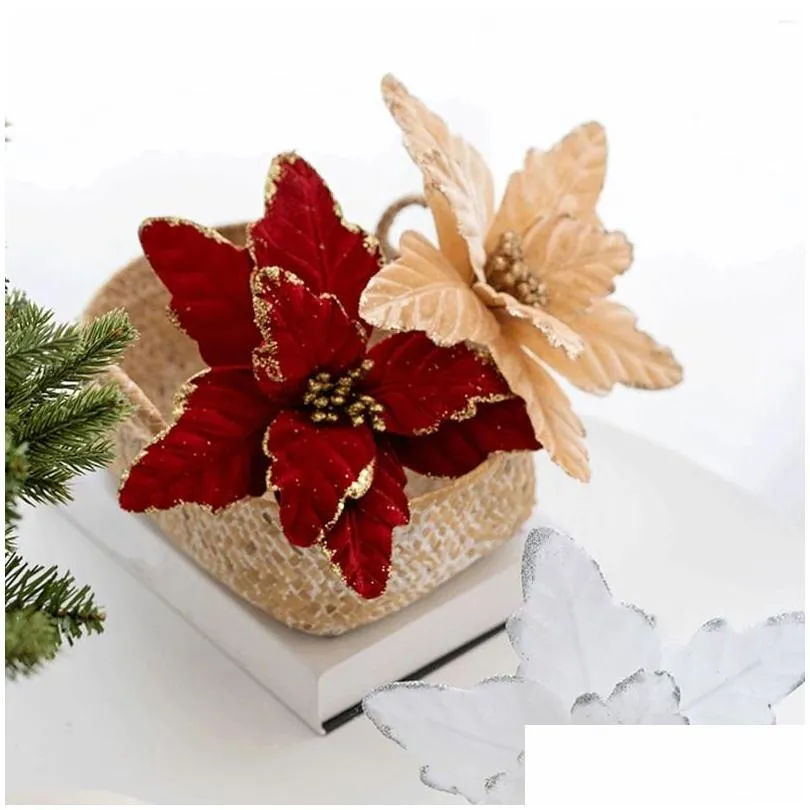 Decorative Flowers Christmas Tree Ornament Simulated Flower Durable 25cm Cloth Glitter Creative Garland Rattan Accessories