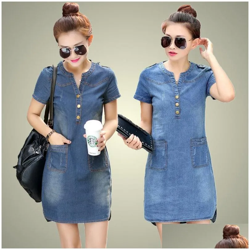 Basic & Casual Dresses Jean Dress Plus Sizes V-Neck Solid Denim Summer Women Sundresses Short Sleeves Loose Clothing 210226 Drop Deli Dhs56