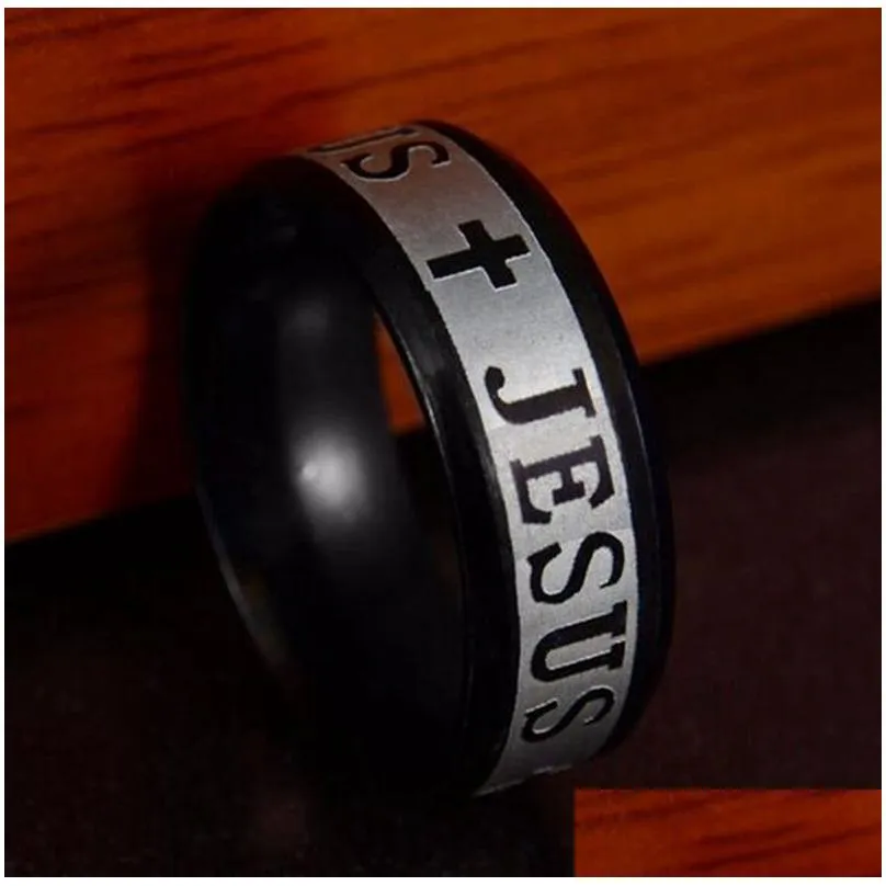 50pcs Gold Black Silver Etched JESUS Stainless Steel CROSS Rings Mens Quality Comfort fit Fashion Religious Rings Wholesale Hot