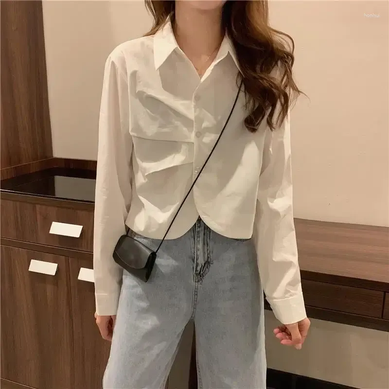 Women`s Blouses Long Sleeve Turn-down Collar Buttons Patchwork Pleated Striped Office Lady Simplicity Women Clothing Spring Summer