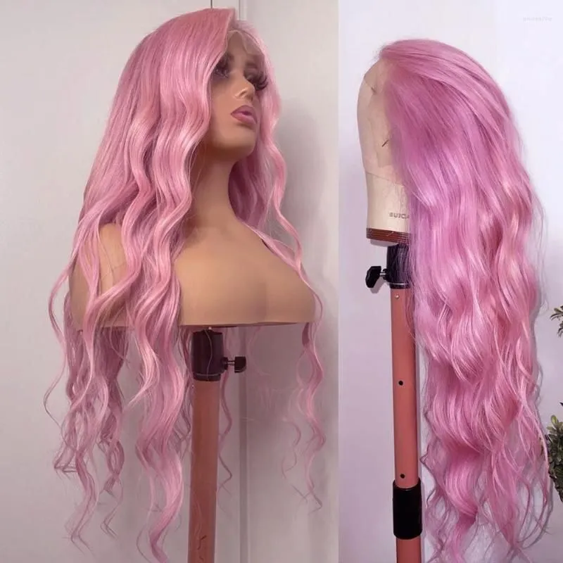 Pink Human Hair Wigs Long Body Wave HD Transparent Colored Lace Wig Pre Plucked With Baby For Women