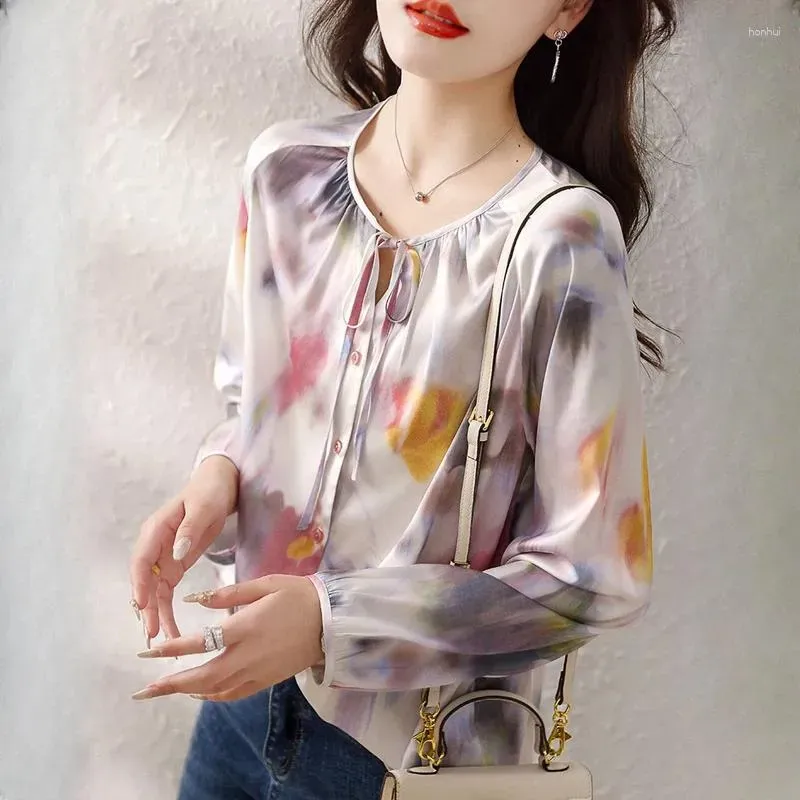 Women`s Blouses Chiffon Shirts Tie-dye Casual O-neck Clothing Spring/Summer Long Sleeves Loose FASHION Tops YCMYUNYAN