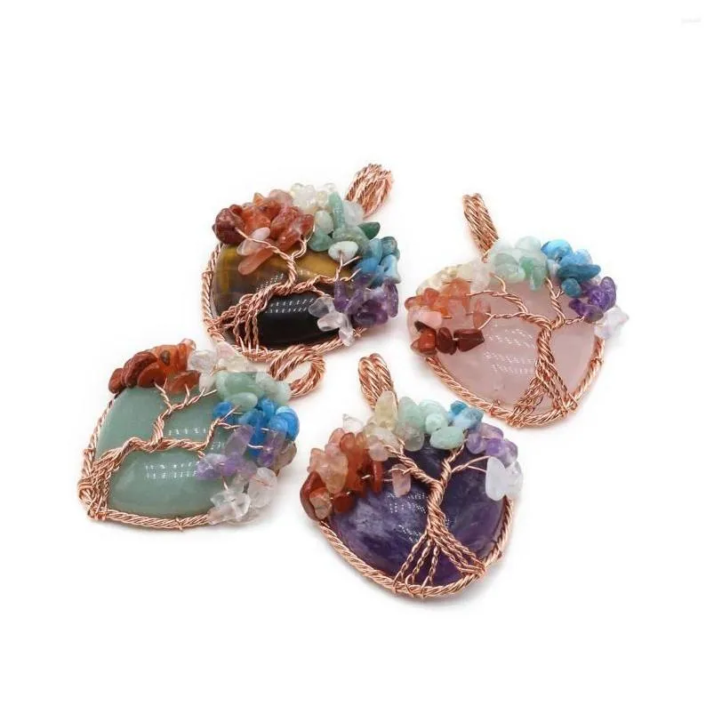 Pendant Necklaces 7Chakra Natural Stone Chips Tree Of Life Handmade Heart Pink Crystal Charms For Jewelry Making Diy Necklace Drop De Dhc1A