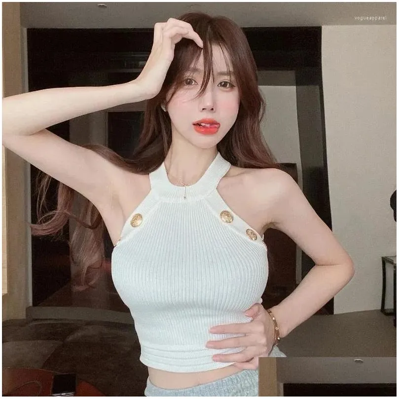 Women`s Tanks Y2K Crop Top Solid Color Halter Slim Knitting Sleeveless Camisole Summer Sexy Tank Tops