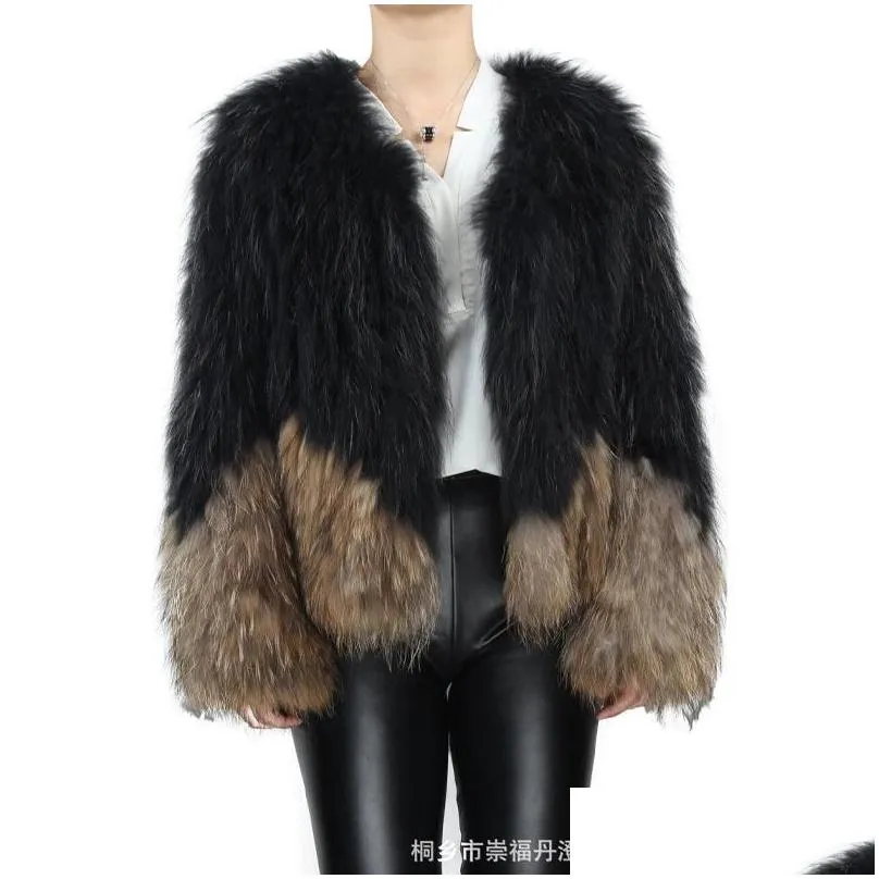 Women`s Vests Style Natural Raccoon Jacket Female Knitted Real Fur Coat W Hit Color Round Neck Warm Giacca Donna In Pelle Vera