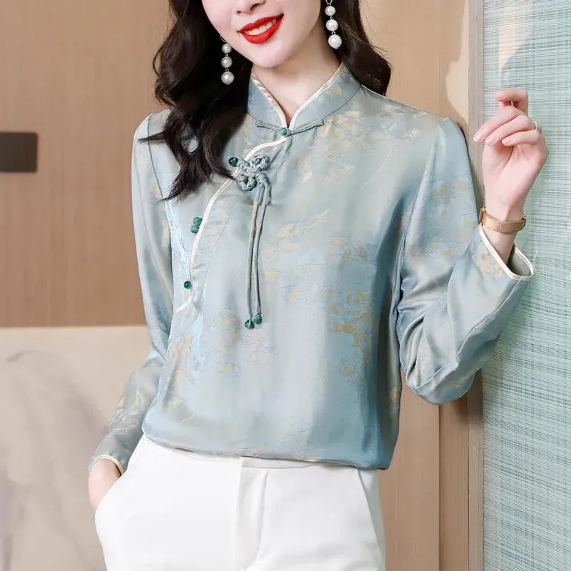 Women`s Blouses Shirt Women`s Spring Vintage Button Jacquard Chic Beautiful