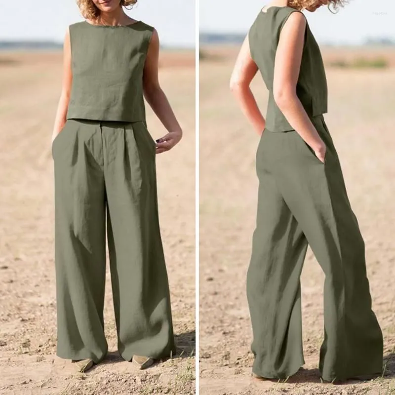 Women`s Two Piece Pants Summer Loose O-Neck Top Wide Leg Elegant Pullover Suit Women Style Cotton Linen