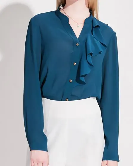 Women`s Blouses Fall Spring Fashion Office Ladies Womens Blue Navy Ruffles Long Sleeve Cardigan Chiffon Blouse Slim Loose For Women