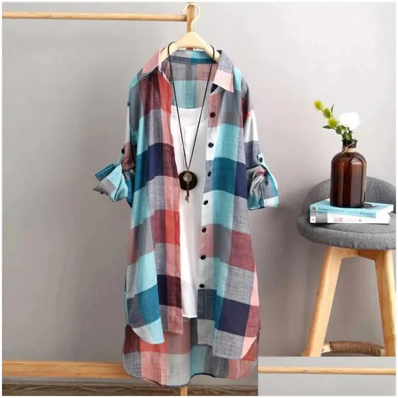 Women`s Blouses Spring Plaid Print Shirt Blouse Fashion Casual Long Sleeve Daily Streetwear All-matched Oversized Jacket Top