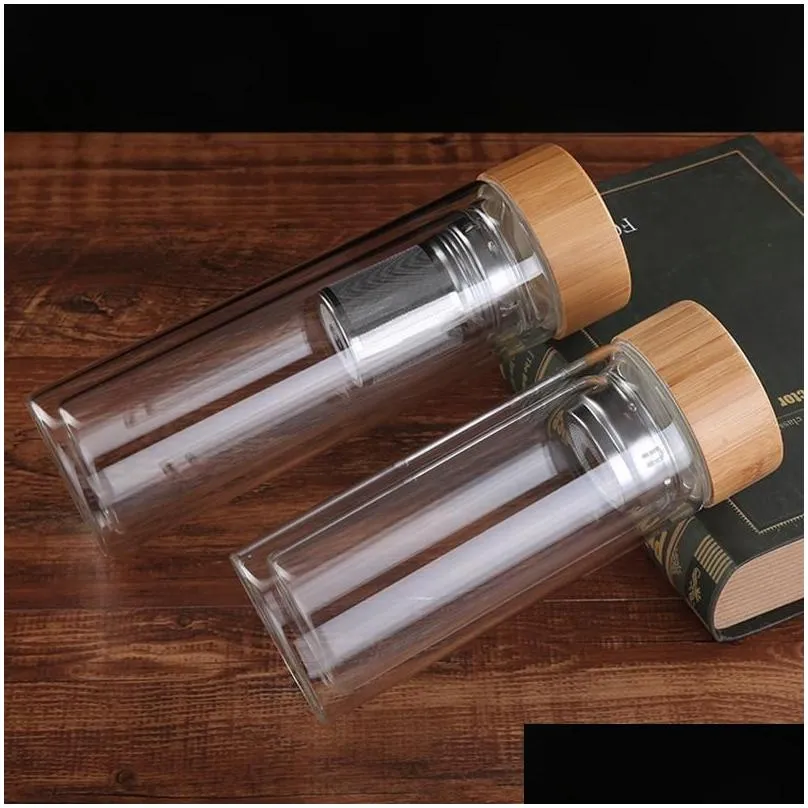 Water Bottles Portable Bamboo Lid Cups Double Walled Glass Tea Tumbler Strainer Infuser Basket Transparent Vt1805 Drop Delivery Home Dhpqu