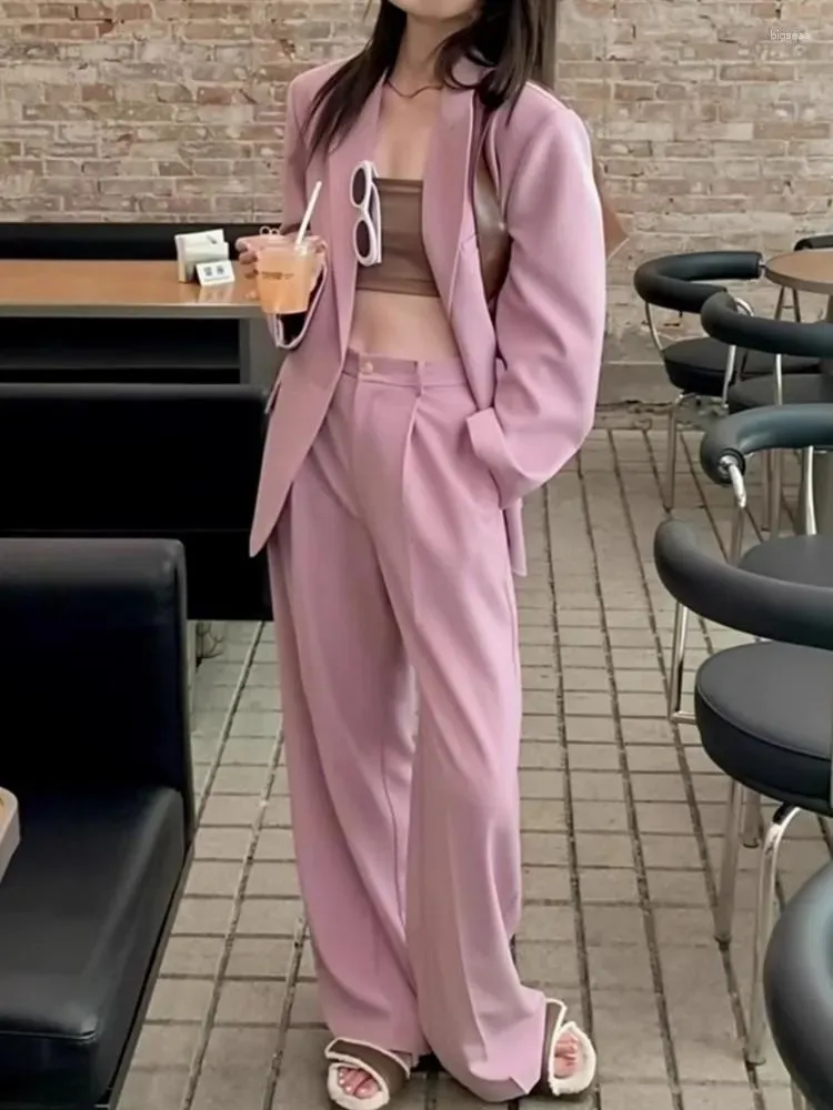 Women`s Two Piece Pants Woman Blazer Jacket Long Trousers Set Pink Office Korean Fashion Two-Piece Single Breasted Business Wear