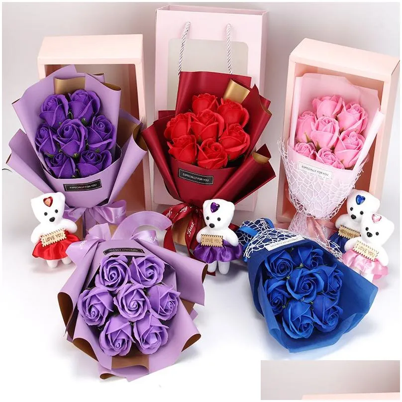 7pcs Artificial Mariage Soap Roses Flower Bouquet with doll bear Birthday Christmas Wedding Valentines Day Gift Home Decor