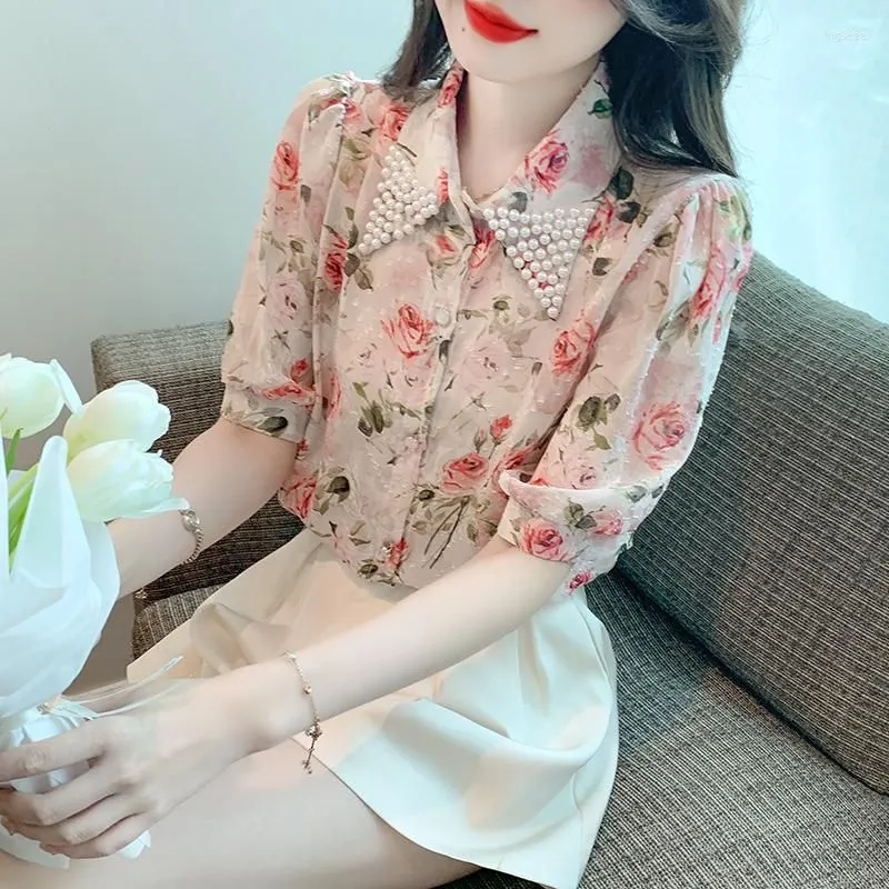 Women`s Blouses High Quality Pearls Lapel Collar Floral Chiffon Shirt Women Tops 2023 Puff Sleeve OL Elegant Blouse Blusas Camisas